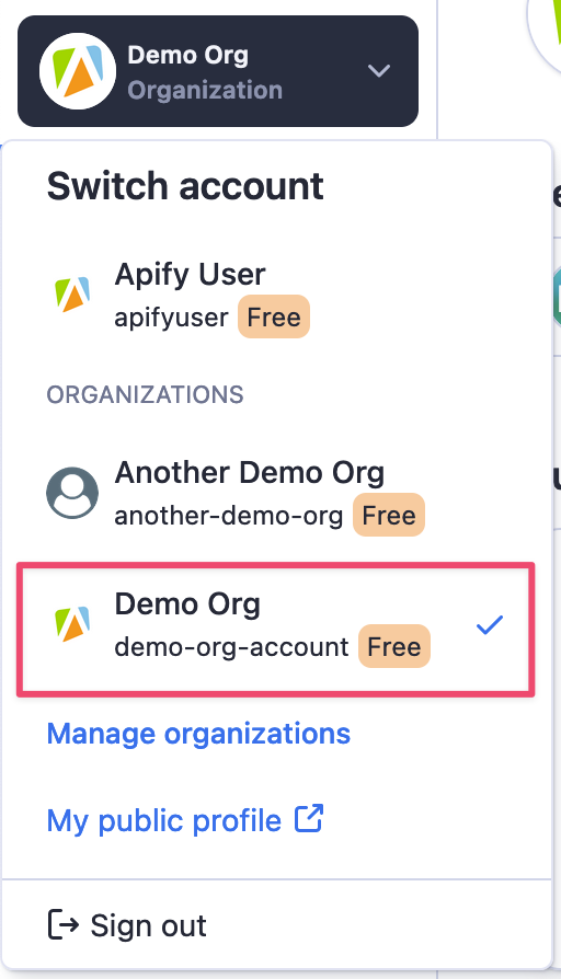 Switch to organization account